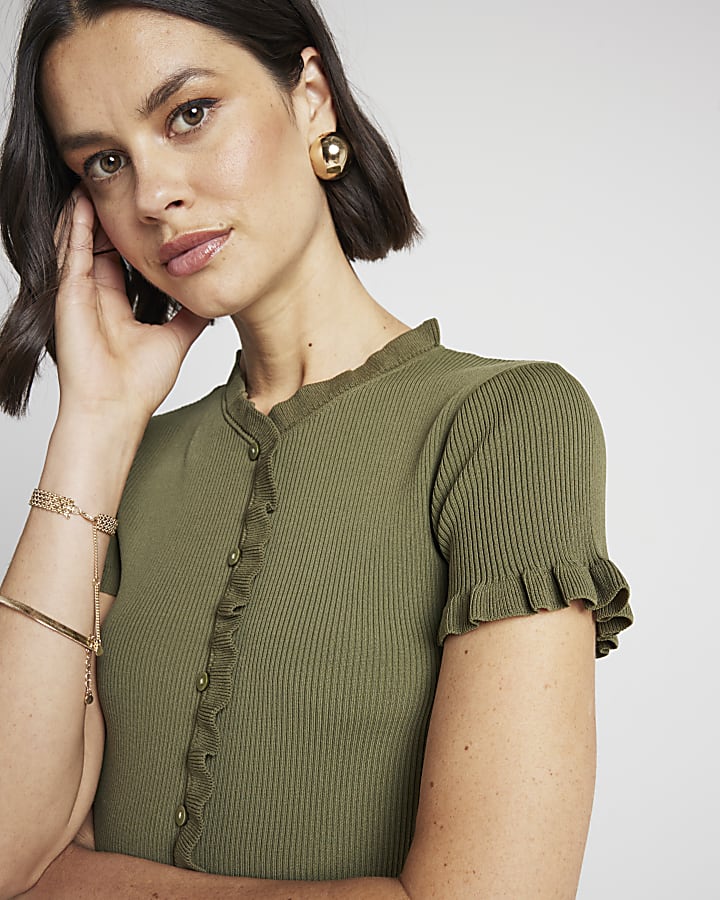 Khaki Ribbed Frill T-Shirt