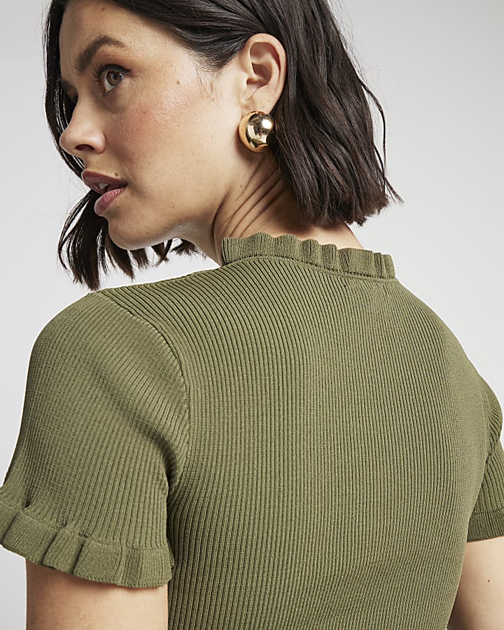 Khaki Ribbed Frill T-Shirt
