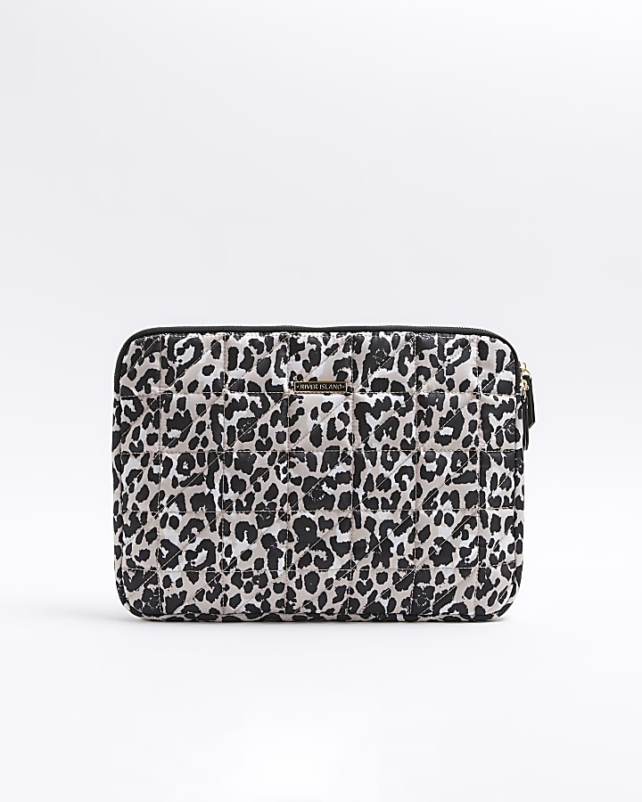 Beige quilted leopard print laptop bag River Island