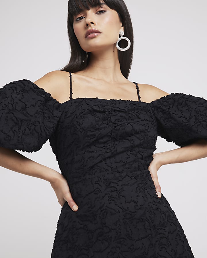 Black puff sleeve skater midi dress