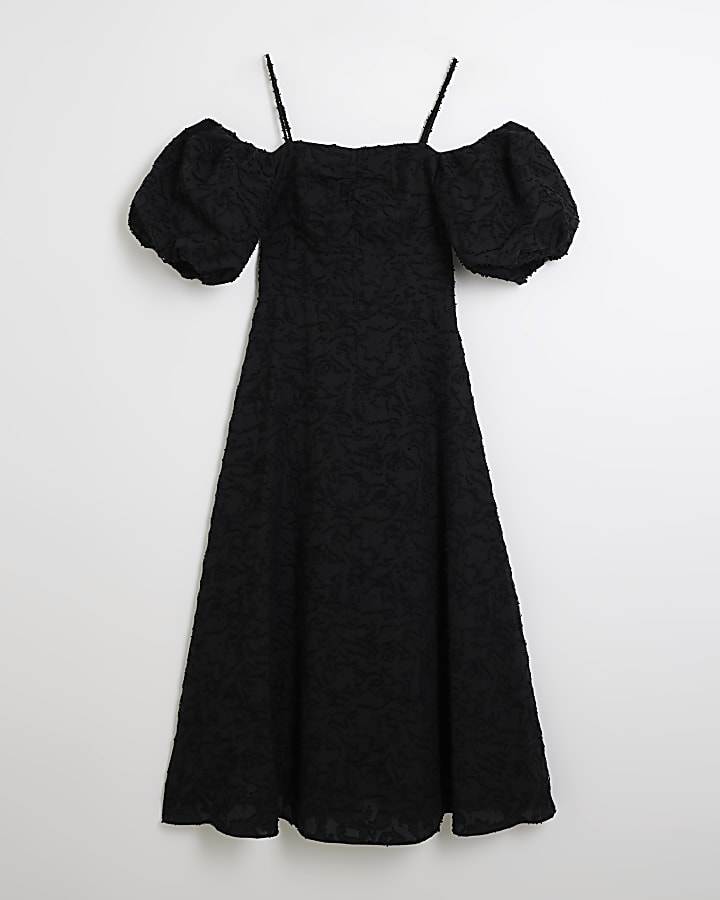 Black puff sleeve skater midi dress