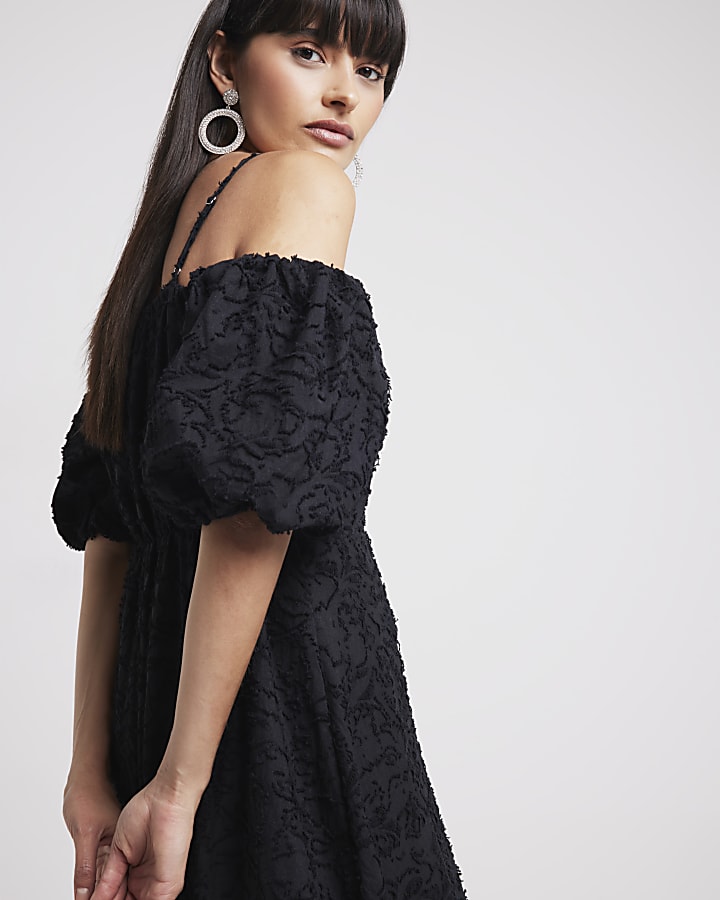 Black puff sleeve skater midi dress