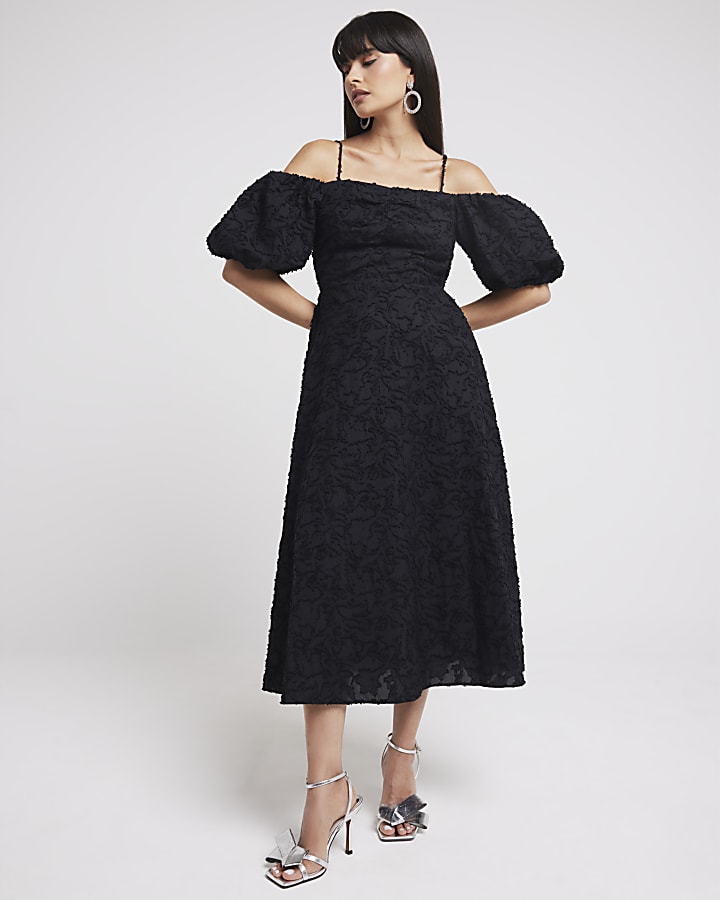 Black puff sleeve skater midi dress