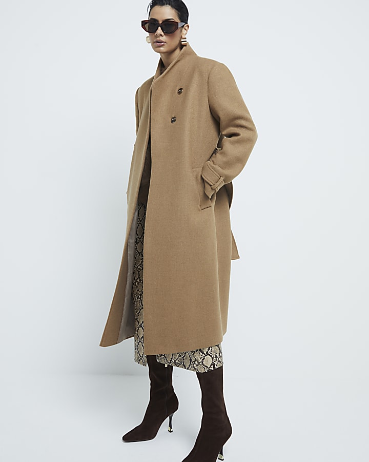 Brown Italian Wool Blend Belted Wrap Coat