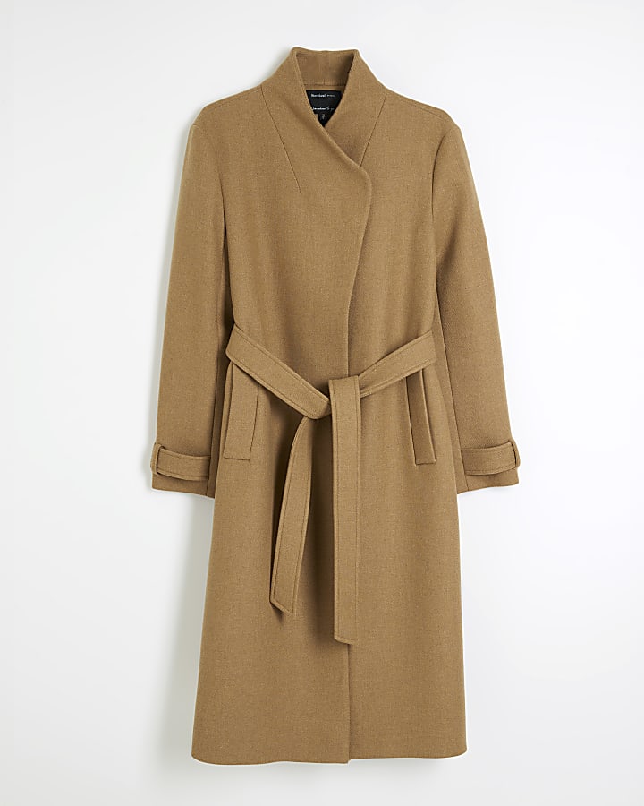Brown Italian Wool Blend Belted Wrap Coat
