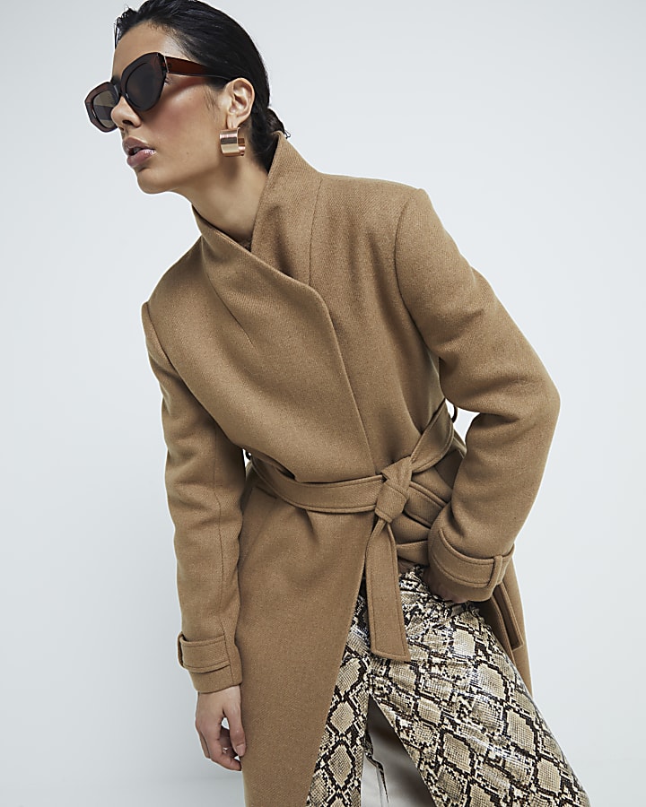 Brown Italian Wool Blend Belted Wrap Coat