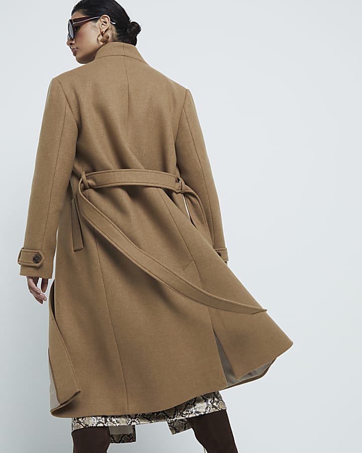 Brown Italian Wool Blend Belted Wrap Coat