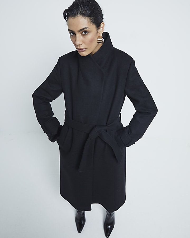 Black Premium Belted Wrap Coat