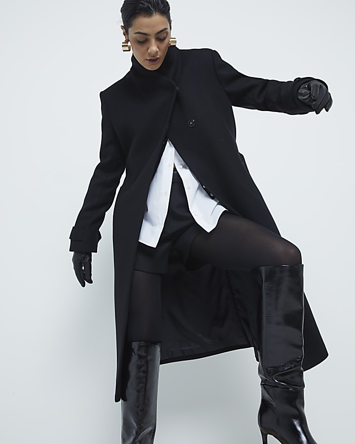Black Premium Belted Wrap Coat