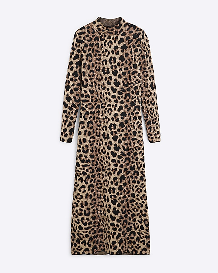 Beige Long Sleeved Leopard Print Midi dress