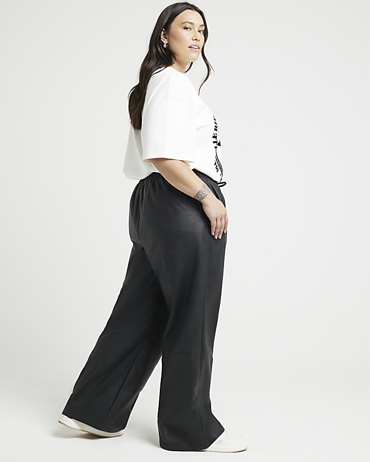 Plus black faux leather wide leg trousers