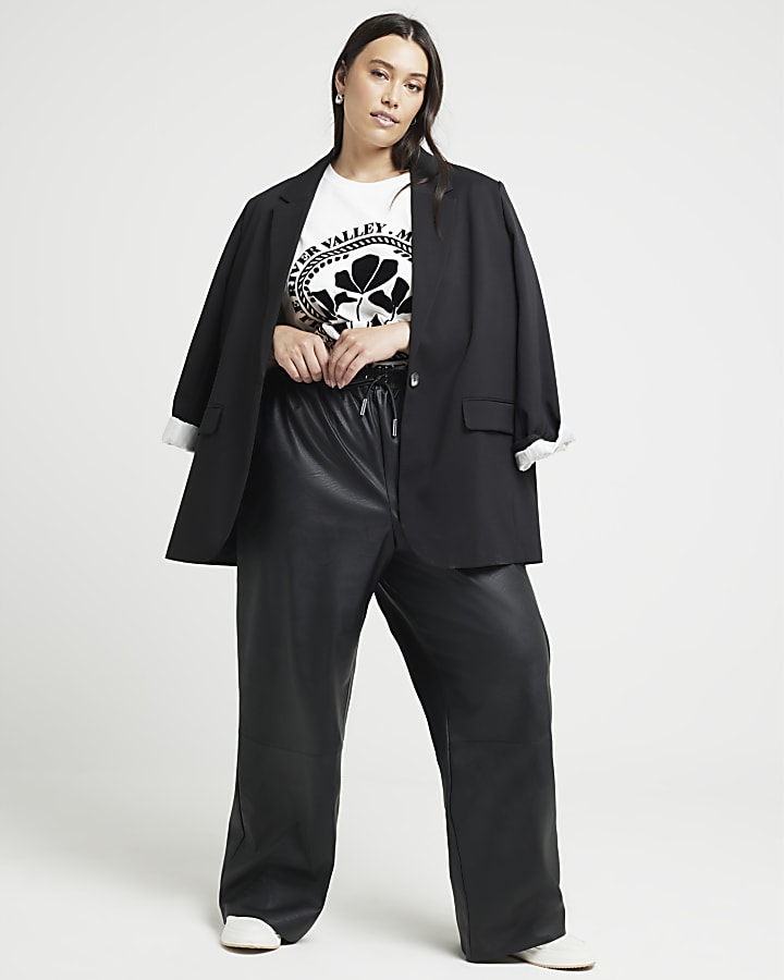 Plus black faux leather wide leg trousers
