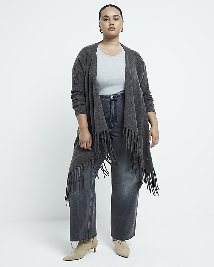 Plus grey waterfall fringe cardigan