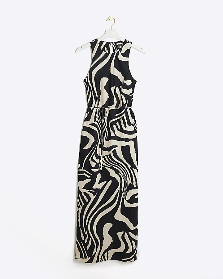 Black zebra print belted slip maxi dress