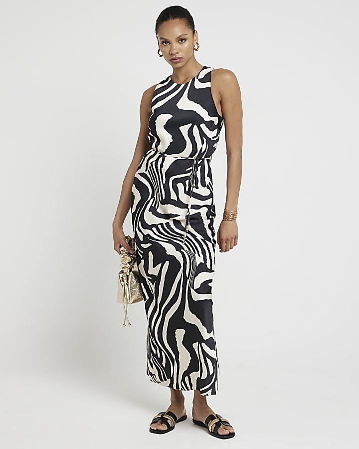 Black zebra print belted slip maxi dress