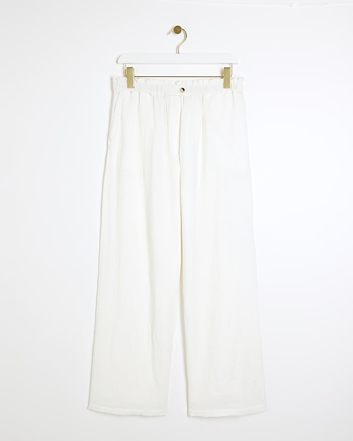 Petite White Textured Wide Leg Trousers