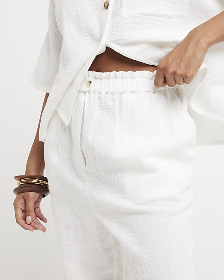 Petite White Textured Wide Leg Trousers