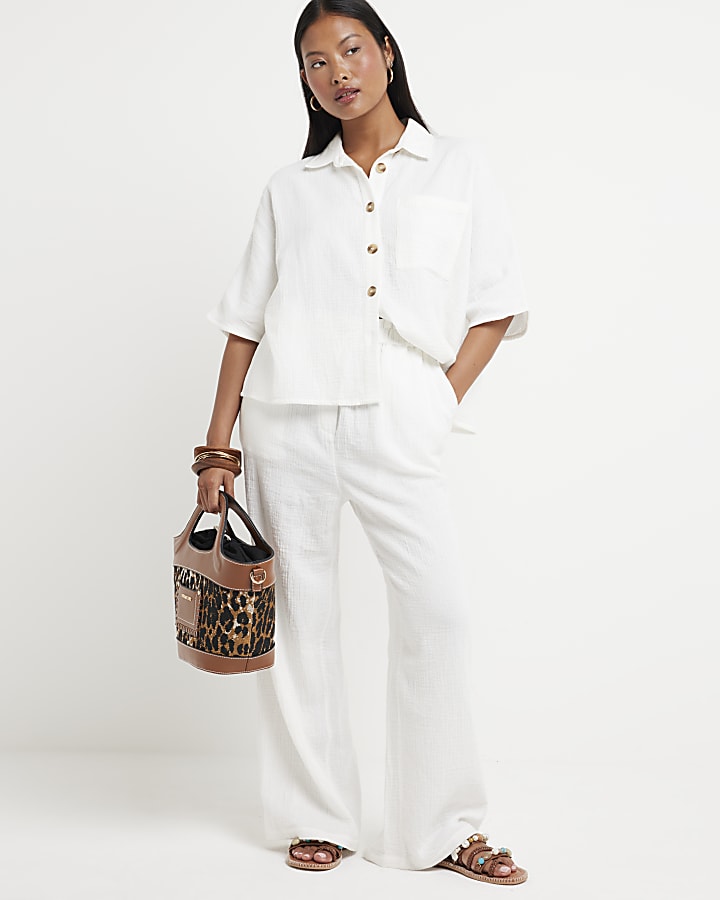 Petite White Textured Wide Leg Trousers