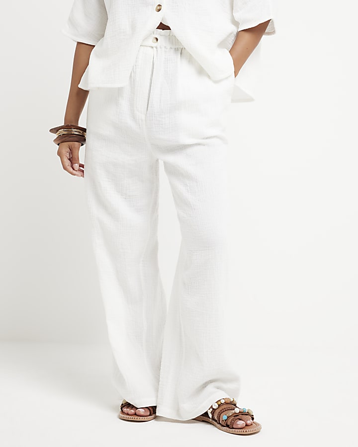 Petite White Textured Wide Leg Trousers