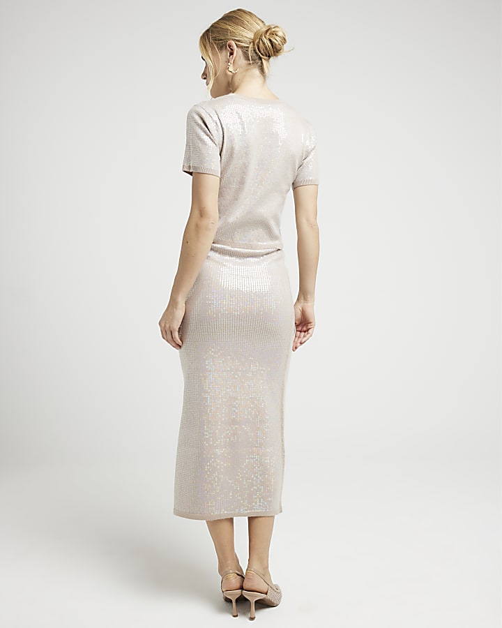 Beige knit sequin midi skirt