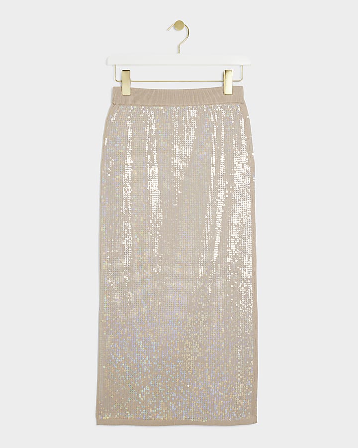 Beige knit sequin midi skirt
