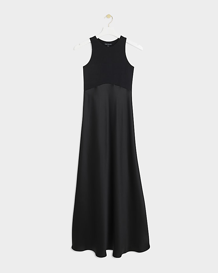 Black Sleeveless Ribbed Satin Maxi Dress