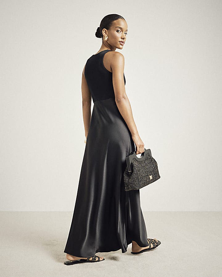 Black Sleeveless Ribbed Satin Maxi Dress