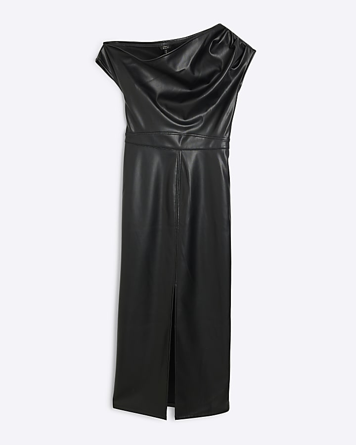 Black Faux Leather Ruched Midi Dress