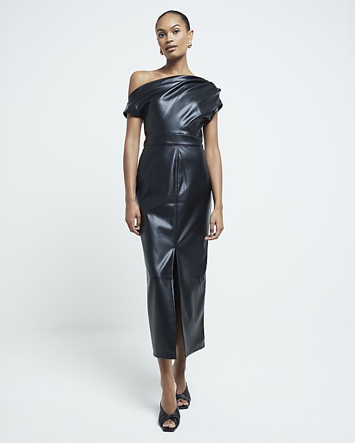 Black Faux Leather Ruched Midi Dress