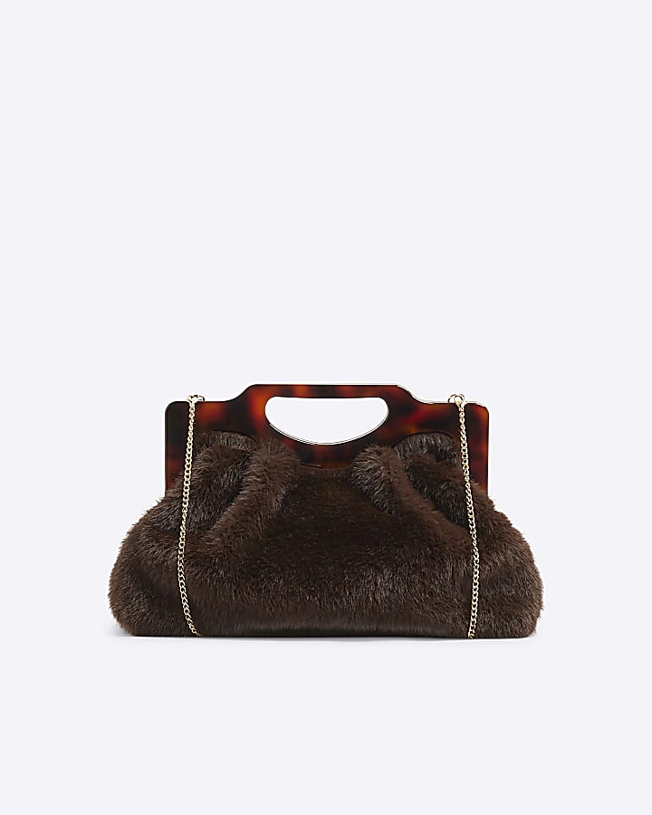 Brown faux fur Frame handle clutch bag