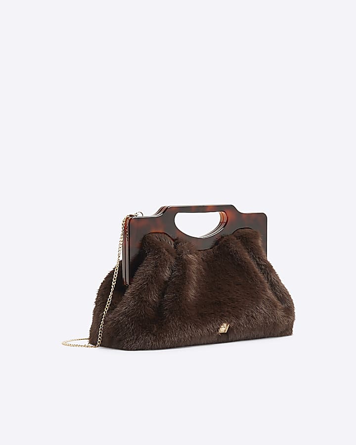 Brown faux fur Frame handle clutch bag