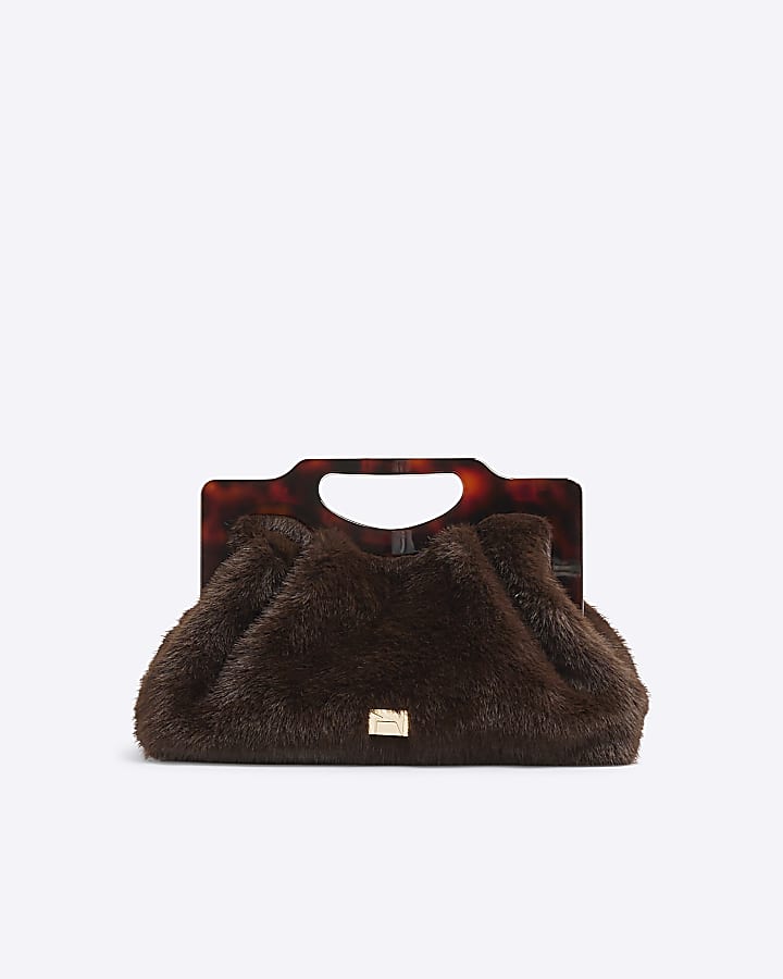 Brown faux fur Frame handle clutch bag