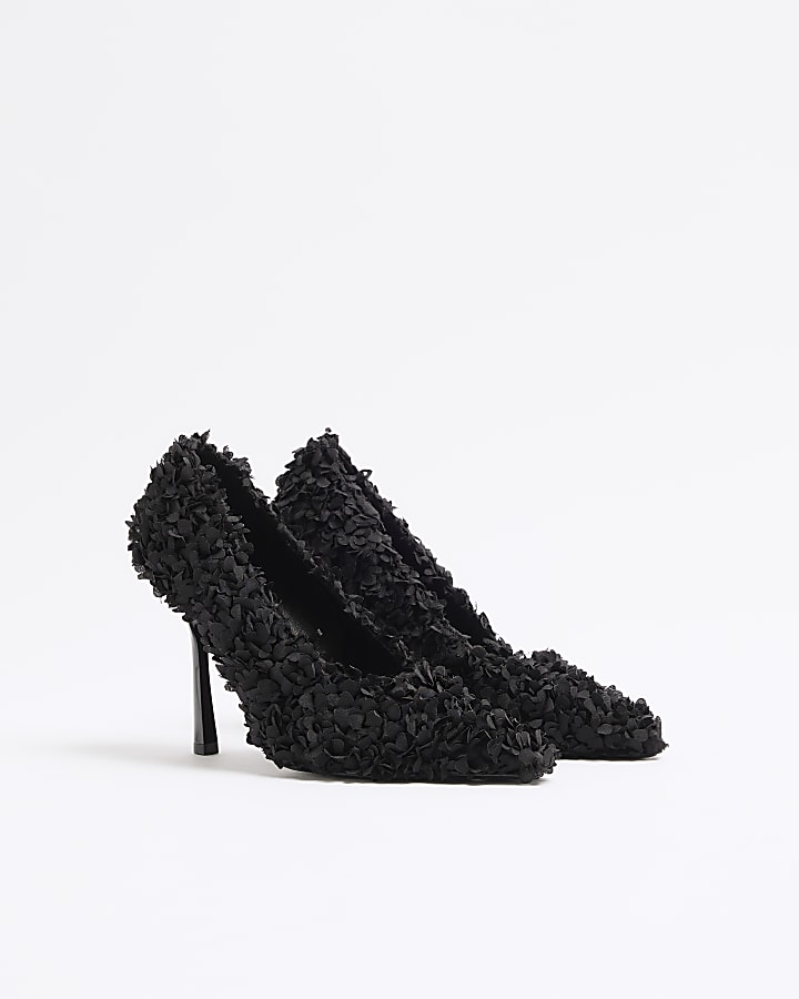 Black 3D Floral High Heel Court Shoes