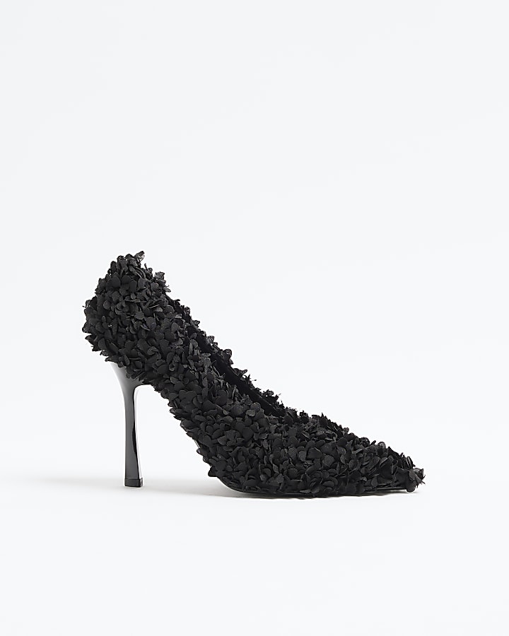 Black 3D Floral High Heel Court Shoes