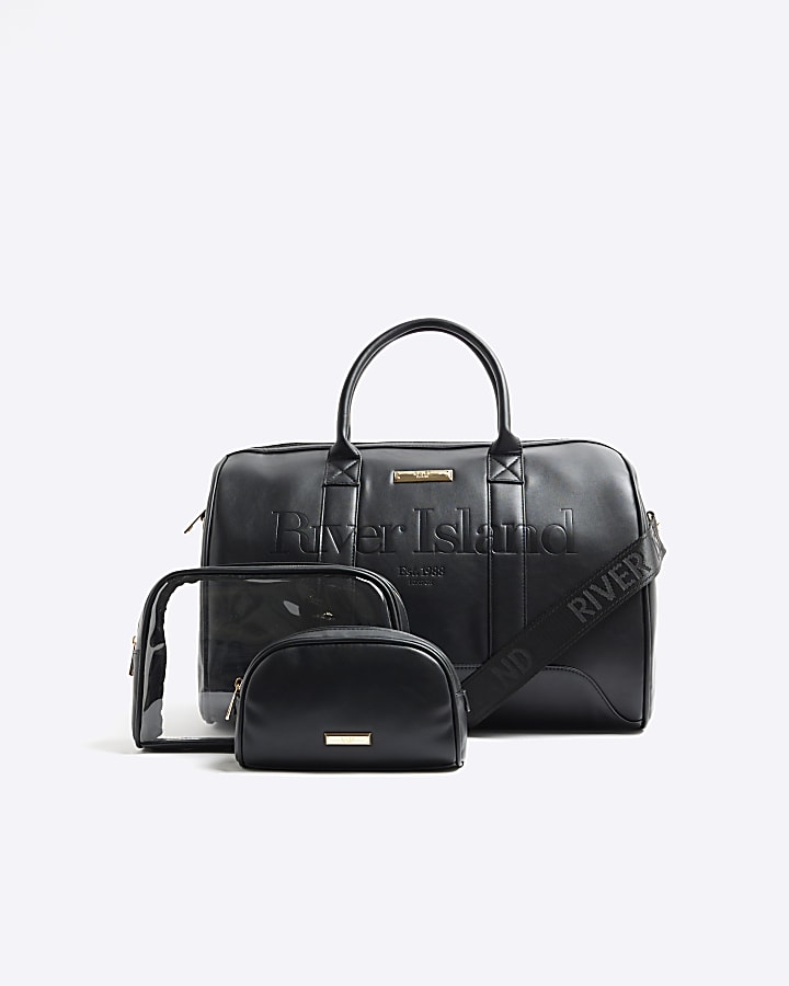 Black Debossed Barrel Travel Bag Set River Island