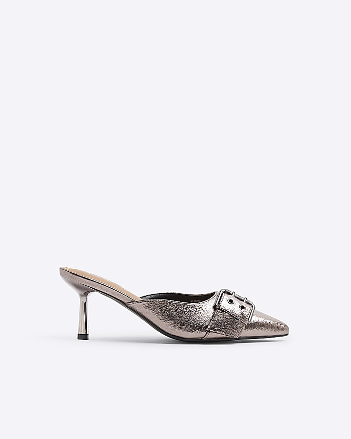 Silver buckle kitten heeled mule shoes