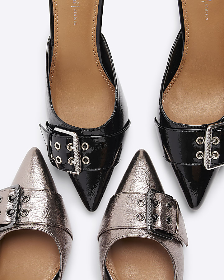 Black  buckle kitten heeled mule shoes