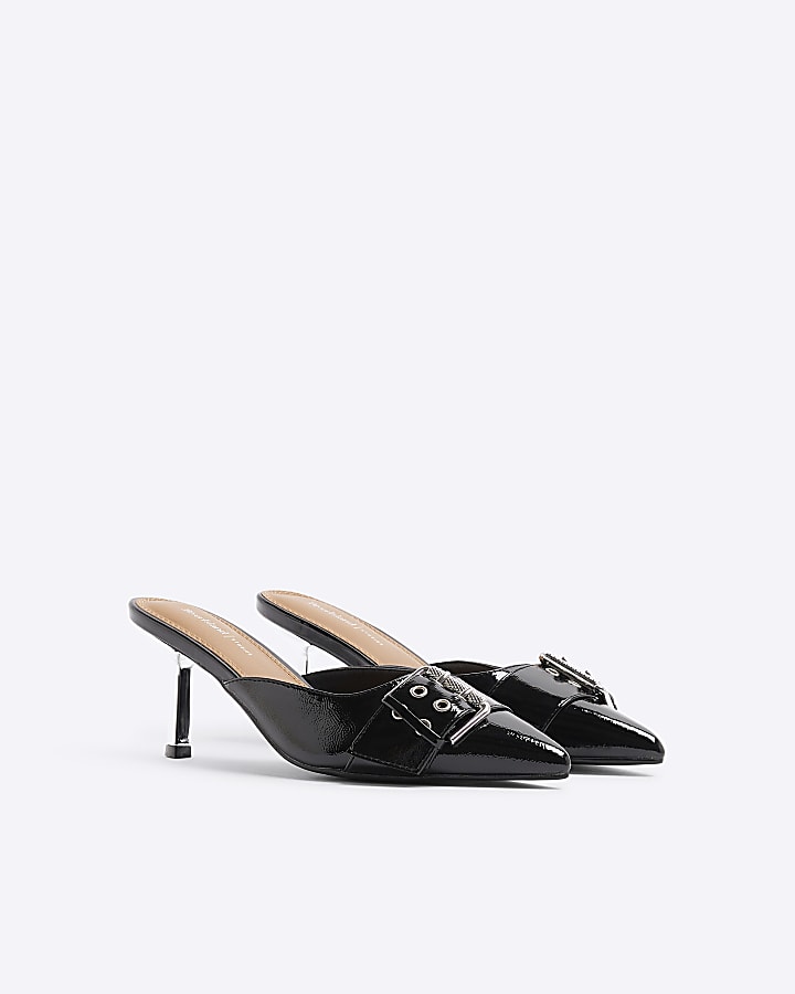 Black  buckle kitten heeled mule shoes