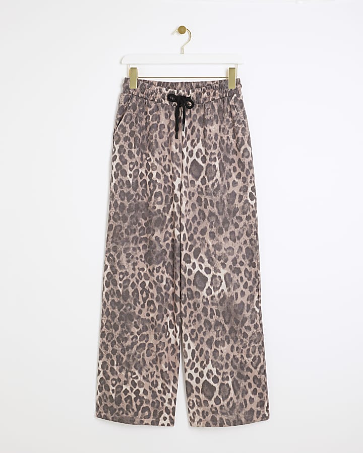 Petite Brown Leopard Print Wide Leg Joggers