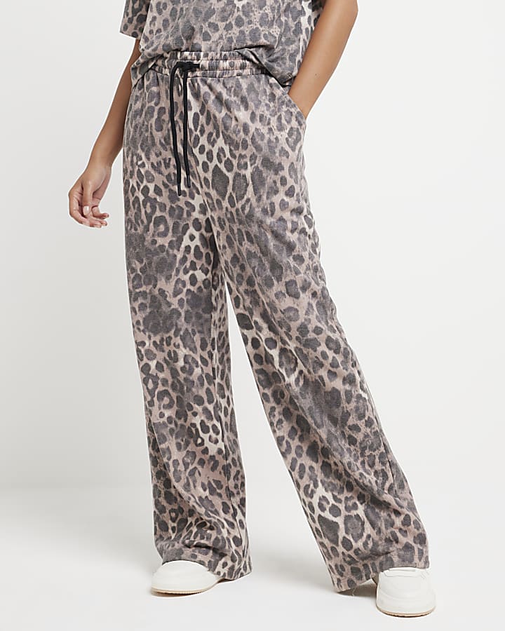 Petite Brown Leopard Print Wide Leg Joggers