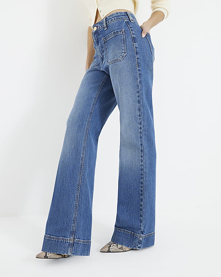 Blue High waisted pocket wide leg jeans