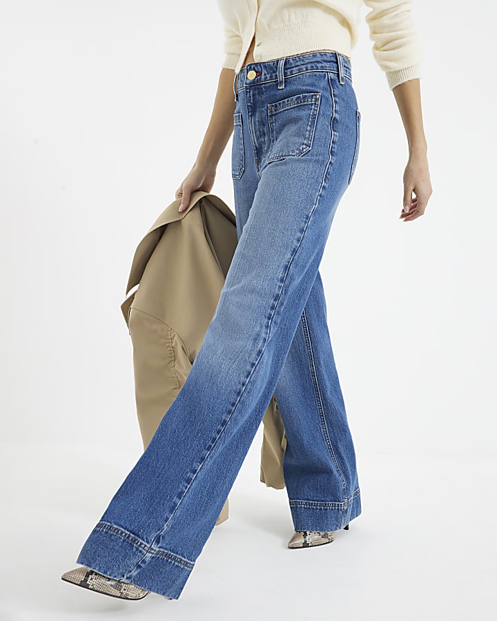 Blue High waisted pocket wide leg jeans