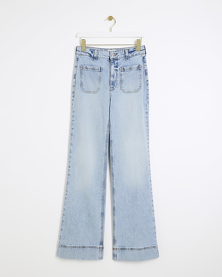 Blue high waisted front pocket wide leg jeans