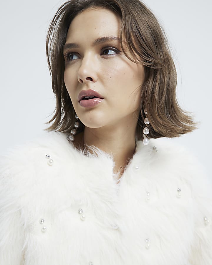 Cream Embellished Faux Fur Cardigan