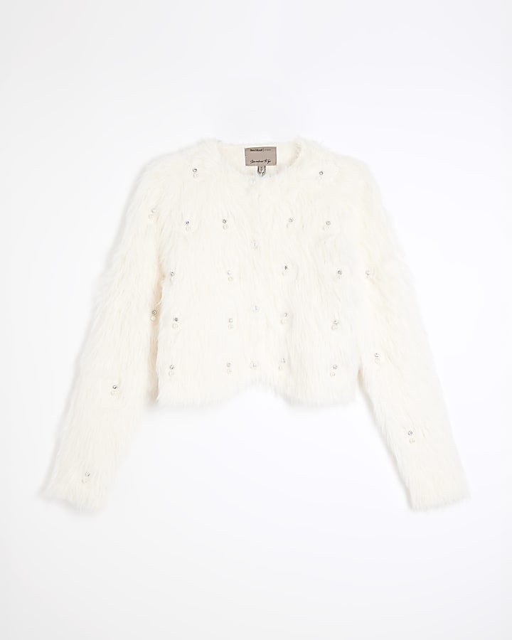 Cream Embellished Faux Fur Cardigan
