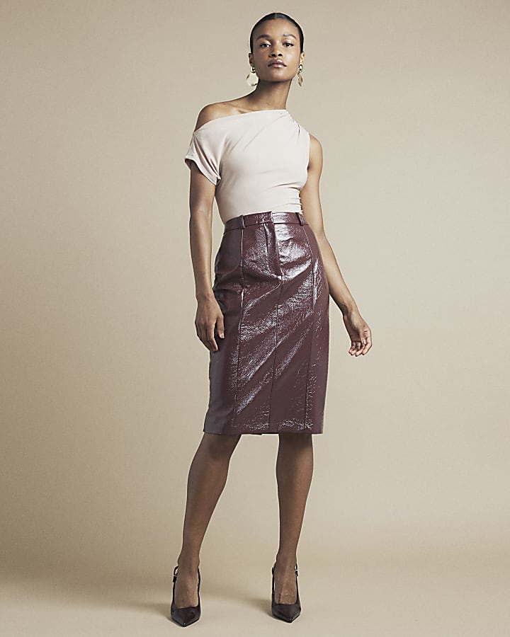 Brown pencil leather skirt hotsell