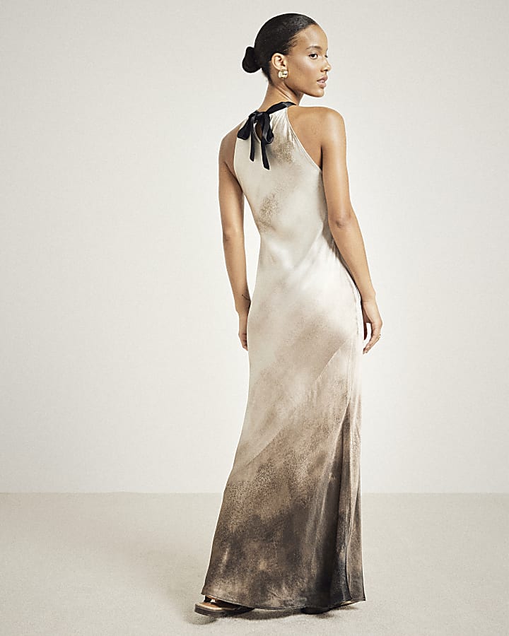 Grey satin ombre halter neck slip midi dress