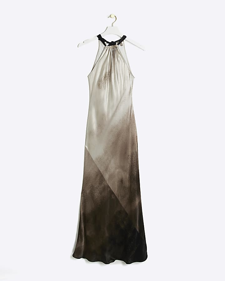 Grey satin ombre halter neck slip midi dress