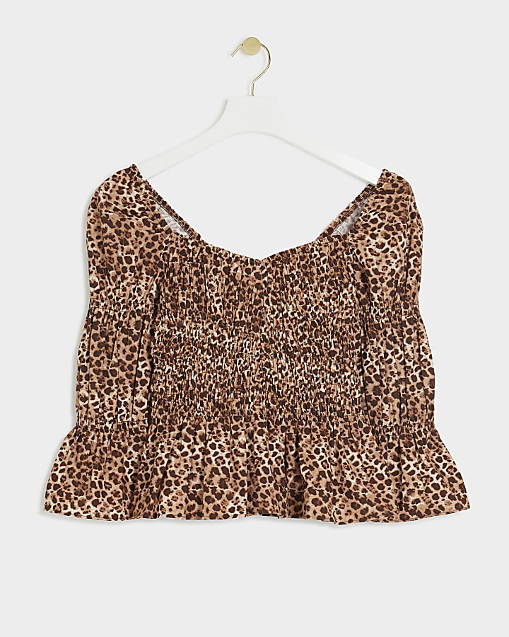 Brown shirred leopard print blouse