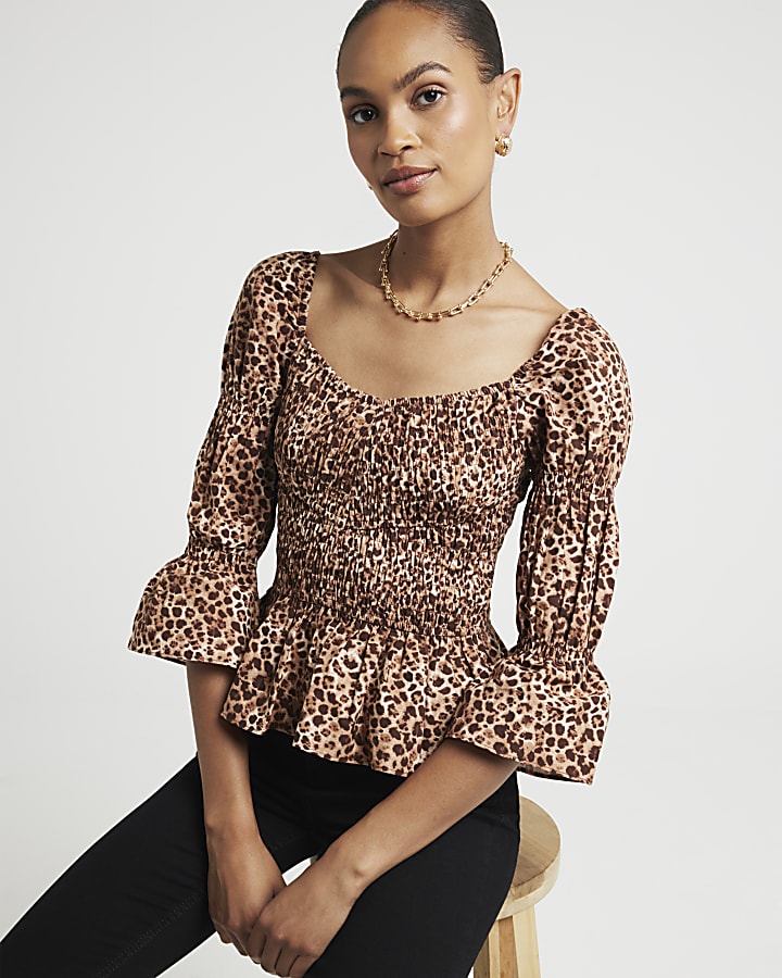 Brown shirred leopard print blouse